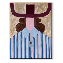 Burgundy Horns Frame Blue - blue striped woman painting by Elliot Vale, modern figurative vertical wall art - framed artwork on white background