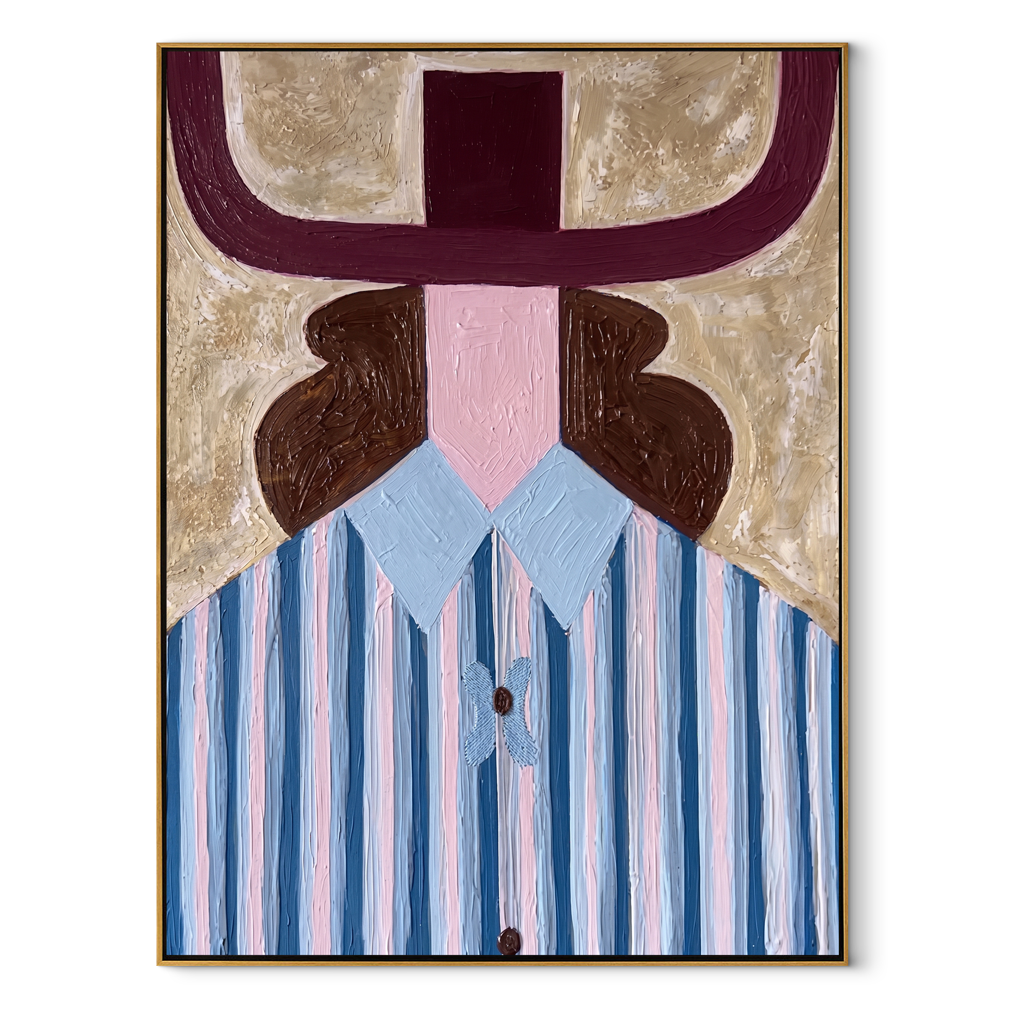 Burgundy Horns Frame Blue - blue striped woman painting by Elliot Vale, modern figurative vertical wall art - framed artwork on white background