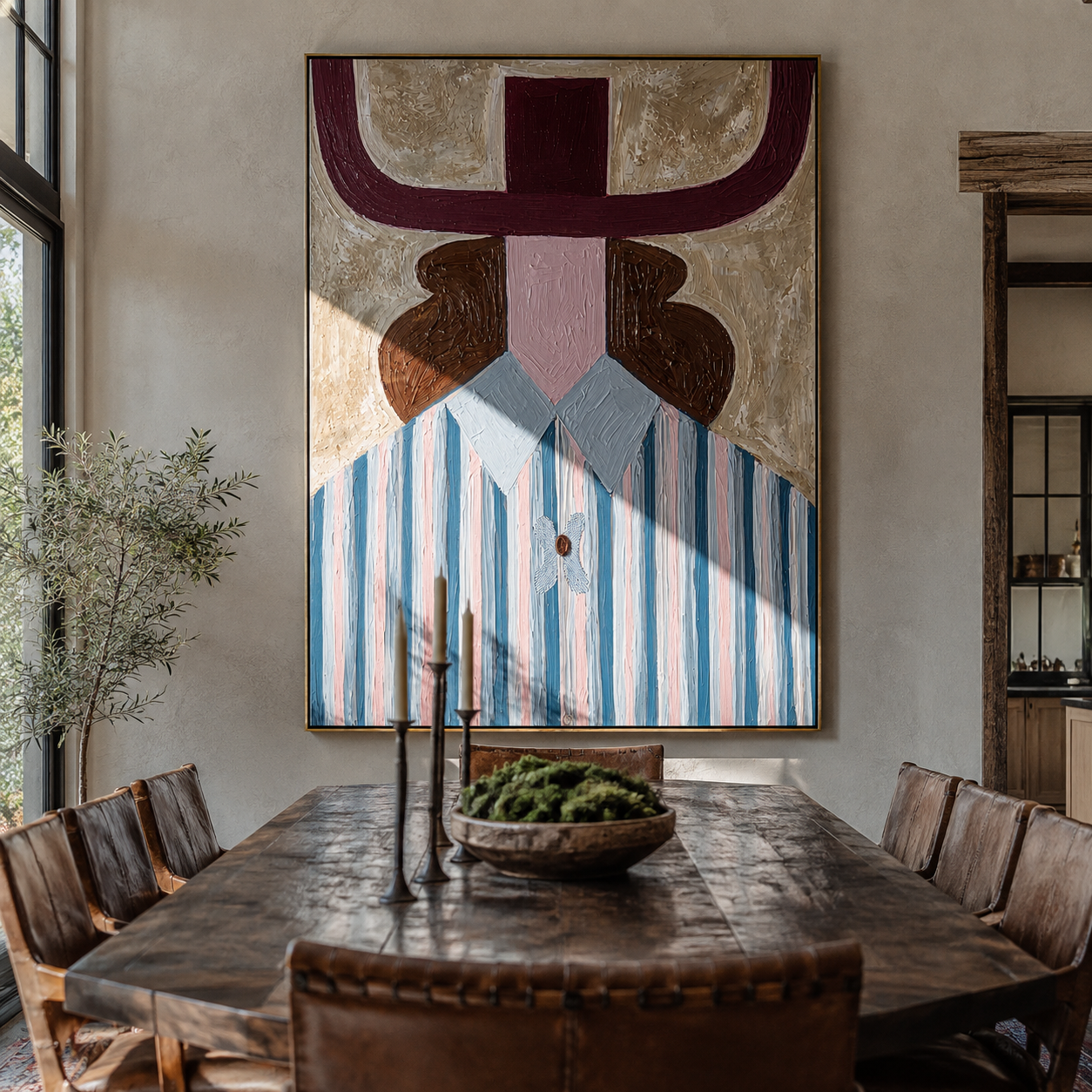 Burgundy Horns Frame Blue - blue striped woman painting by Elliot Vale, modern figurative vertical wall art - styled room scene view 2