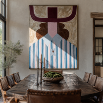 Burgundy Horns Frame Blue - blue striped woman painting by Elliot Vale, modern figurative vertical wall art - styled room scene view 2