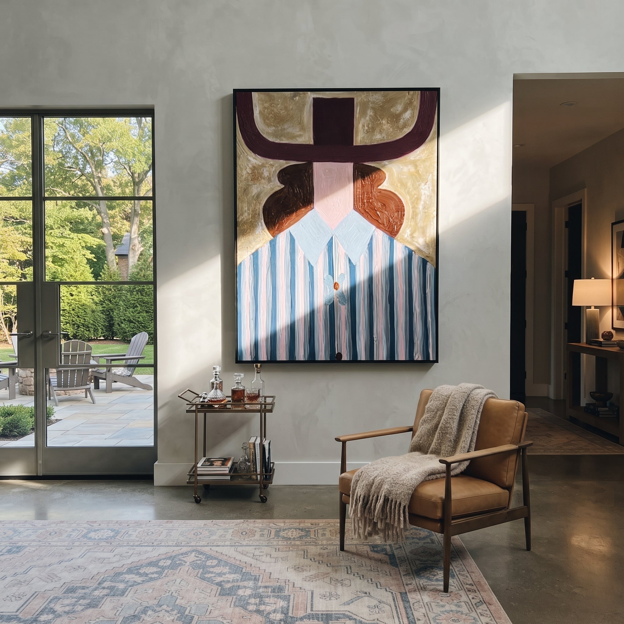 Burgundy Horns Frame Blue - blue striped woman painting by Elliot Vale, modern figurative vertical wall art - styled room scene view 3