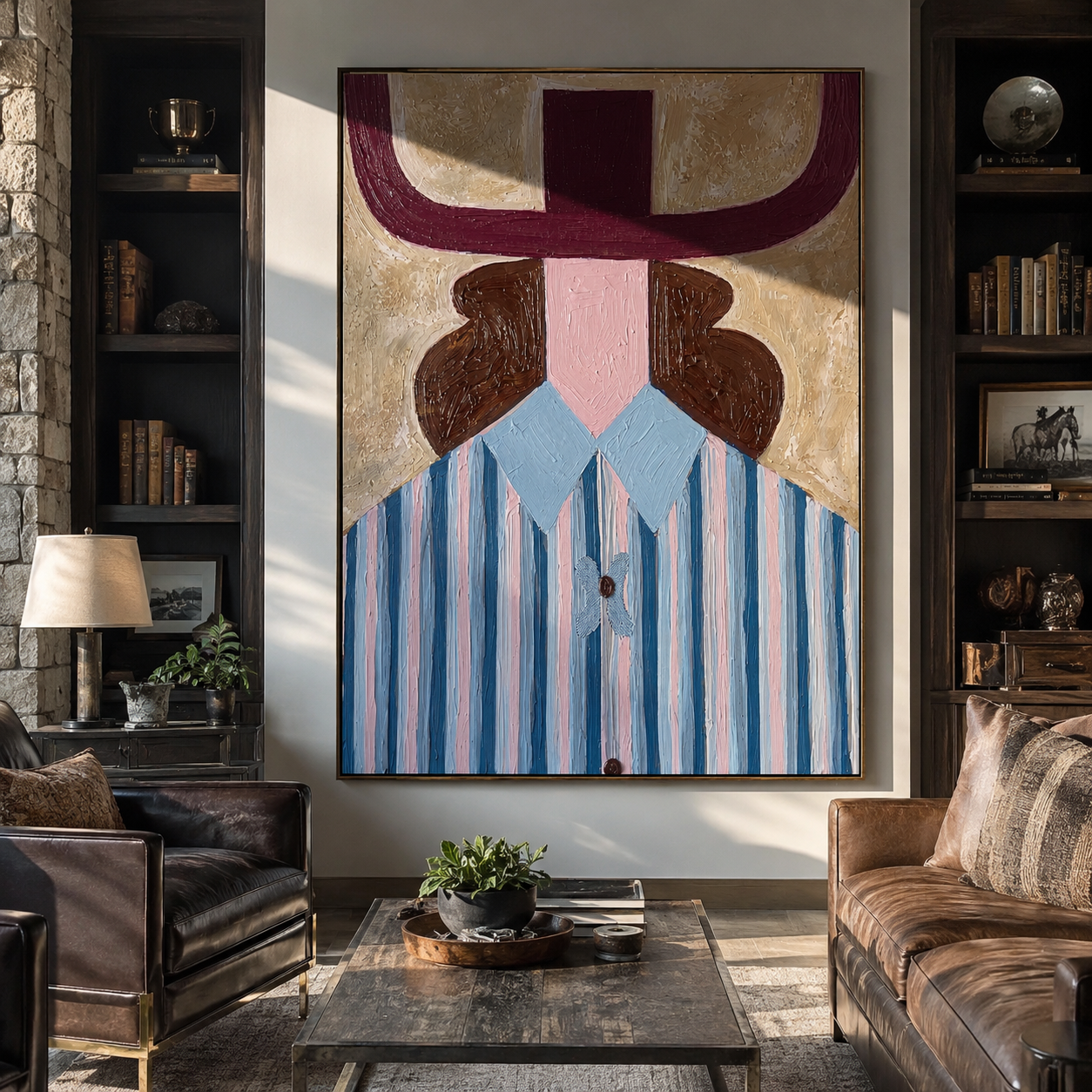Burgundy Horns Frame Blue - blue striped woman painting by Elliot Vale, modern figurative vertical wall art - styled room scene view 4