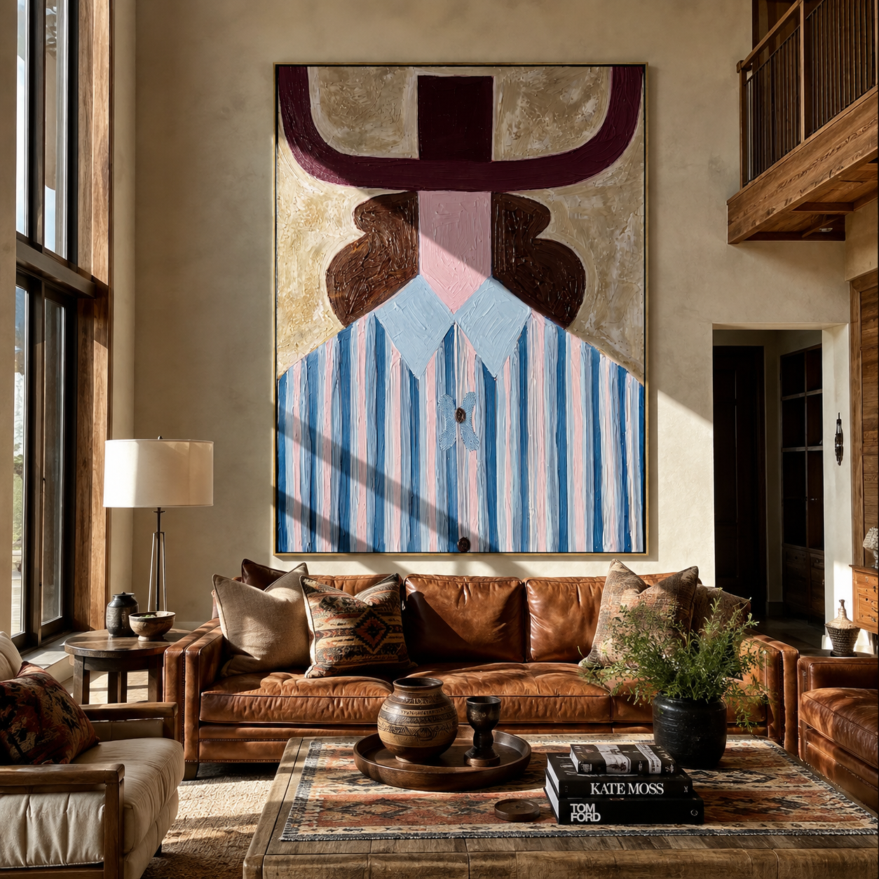 Burgundy Horns Frame Blue - blue striped woman painting by Elliot Vale, modern figurative vertical wall art - styled room scene view 5