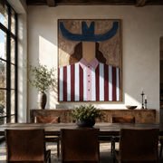 Blue Horns Guard Plum - blue striped woman painting by Elliot Vale, modern figurative vertical wall art - styled room scene view 1