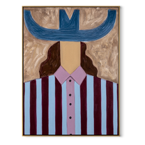 Blue Horns Guard Plum - blue striped woman painting by Elliot Vale, modern figurative vertical wall art - framed artwork on white background