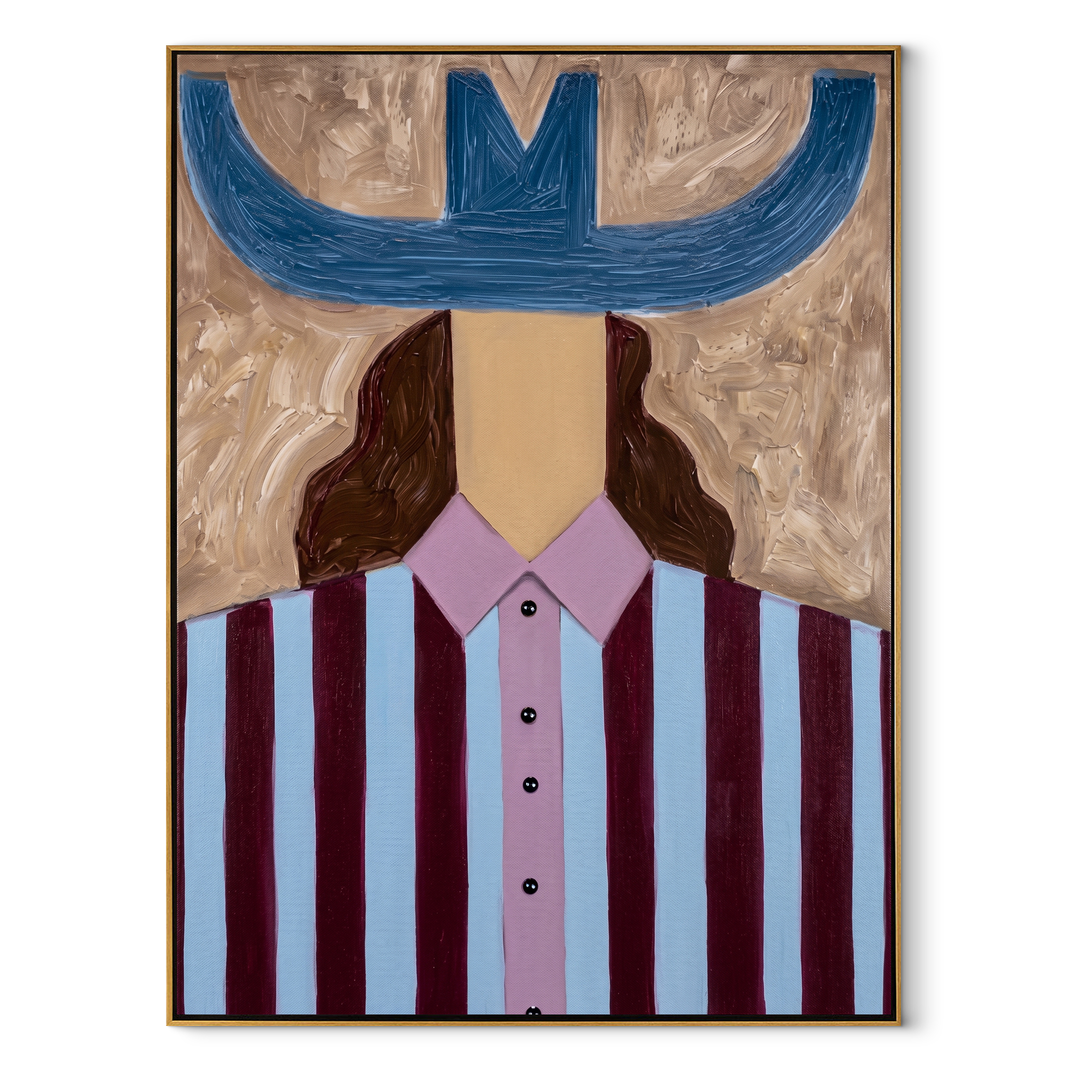 Blue Horns Guard Plum - blue striped woman painting by Elliot Vale, modern figurative vertical wall art - framed artwork on white background