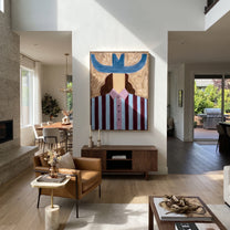 Blue Horns Guard Plum - blue striped woman painting by Elliot Vale, modern figurative vertical wall art - styled room scene view 2