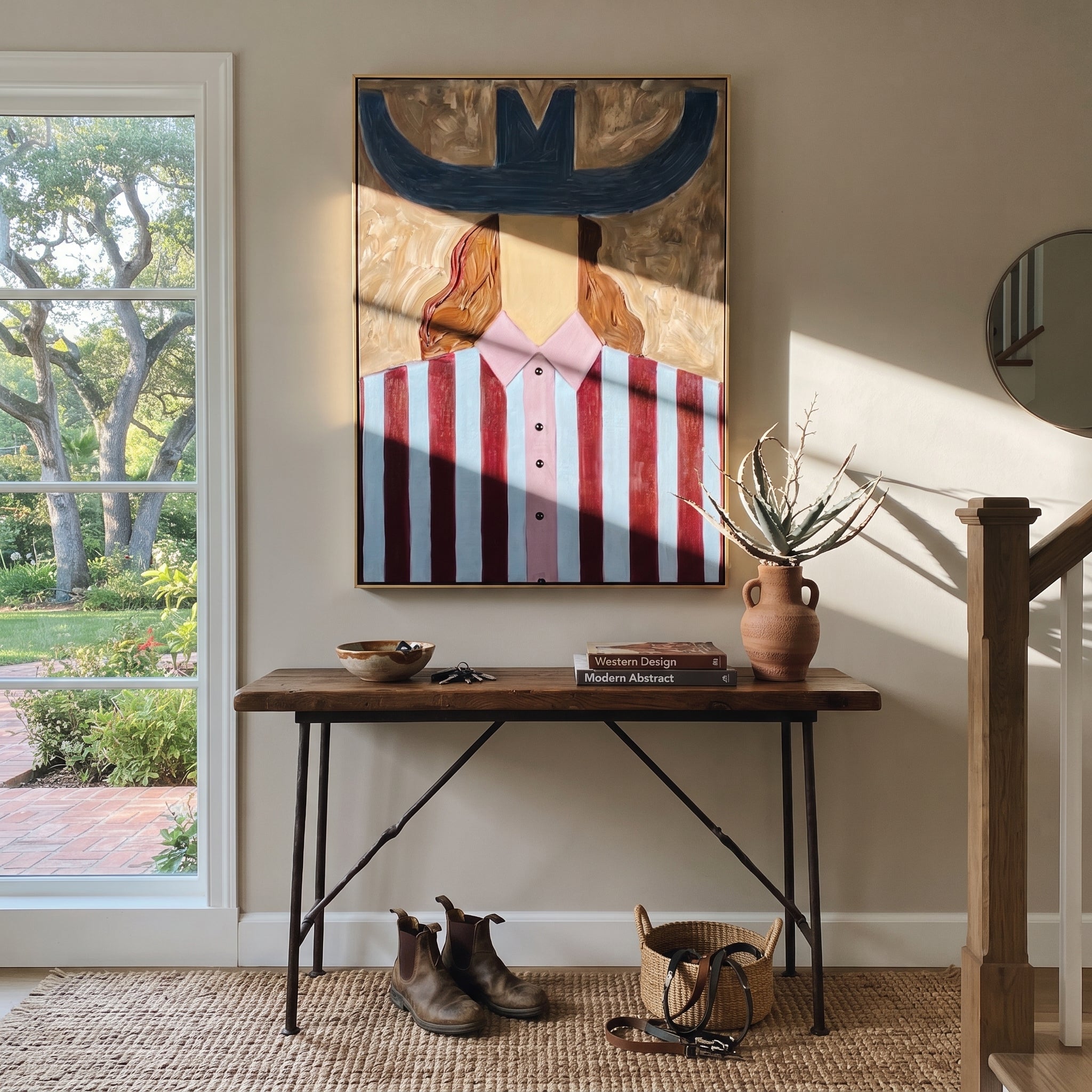 Blue Horns Guard Plum - blue striped woman painting by Elliot Vale, modern figurative vertical wall art - styled room scene view 3