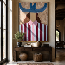 Blue Horns Guard Plum - blue striped woman painting by Elliot Vale, modern figurative vertical wall art - styled room scene view 4