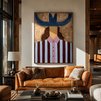 Blue Horns Guard Plum - blue striped woman painting by Elliot Vale, modern figurative vertical wall art - styled room scene view 5