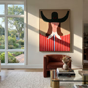 Green Horns Crown Scarlet - red striped woman painting by Elliot Vale, modern figurative vertical wall art - styled room scene view 1