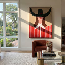 Green Horns Crown Scarlet - red striped woman painting by Elliot Vale, modern figurative vertical wall art - styled room scene view 1