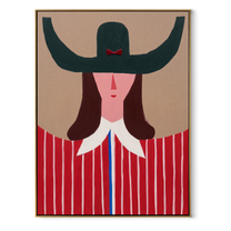 Green Horns Crown Scarlet - red striped woman painting by Elliot Vale, modern figurative vertical wall art - framed artwork on white background