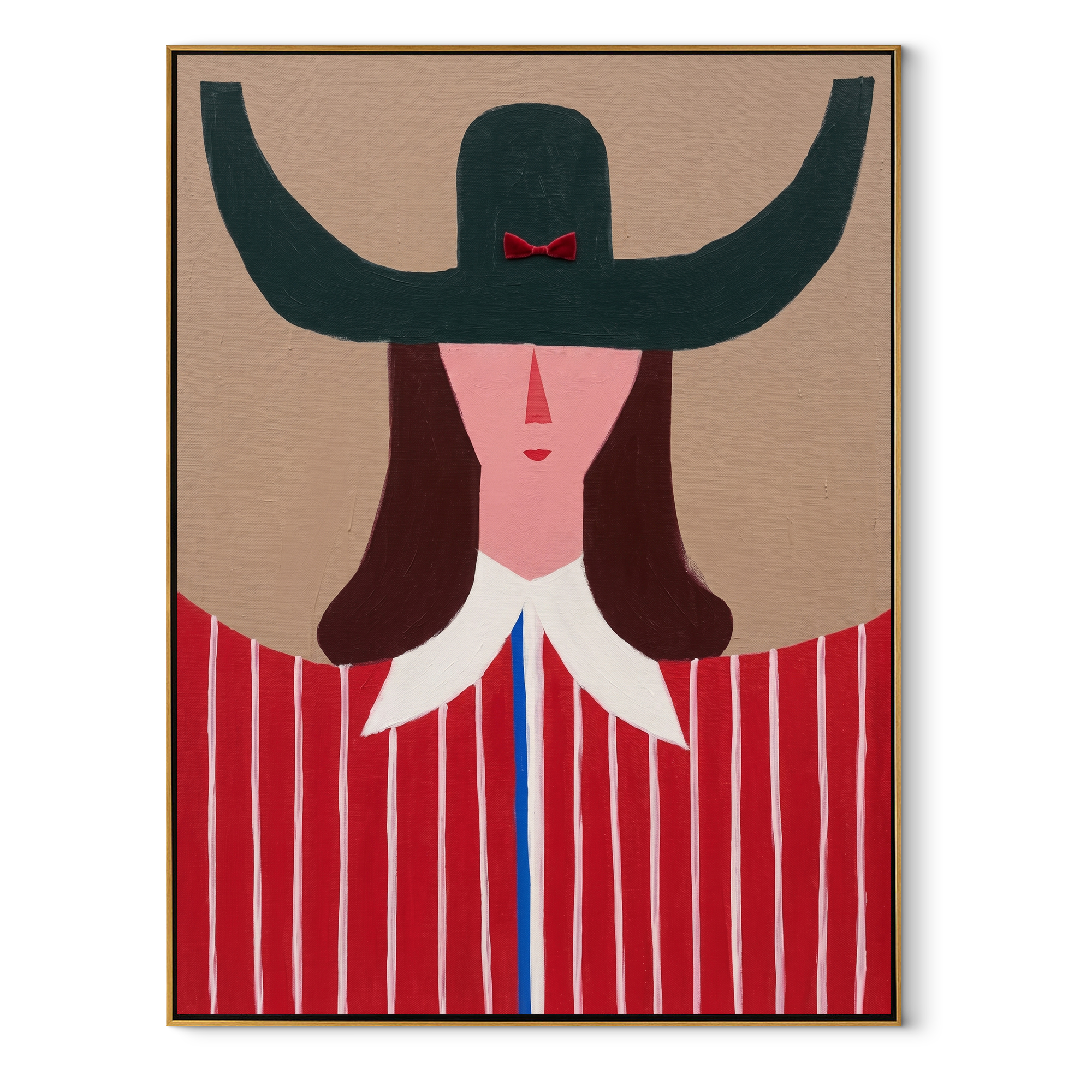 Green Horns Crown Scarlet - red striped woman painting by Elliot Vale, modern figurative vertical wall art - framed artwork on white background