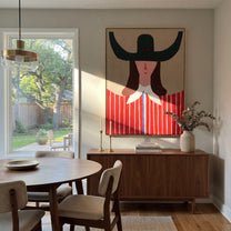 Green Horns Crown Scarlet - red striped woman painting by Elliot Vale, modern figurative vertical wall art - styled room scene view 2