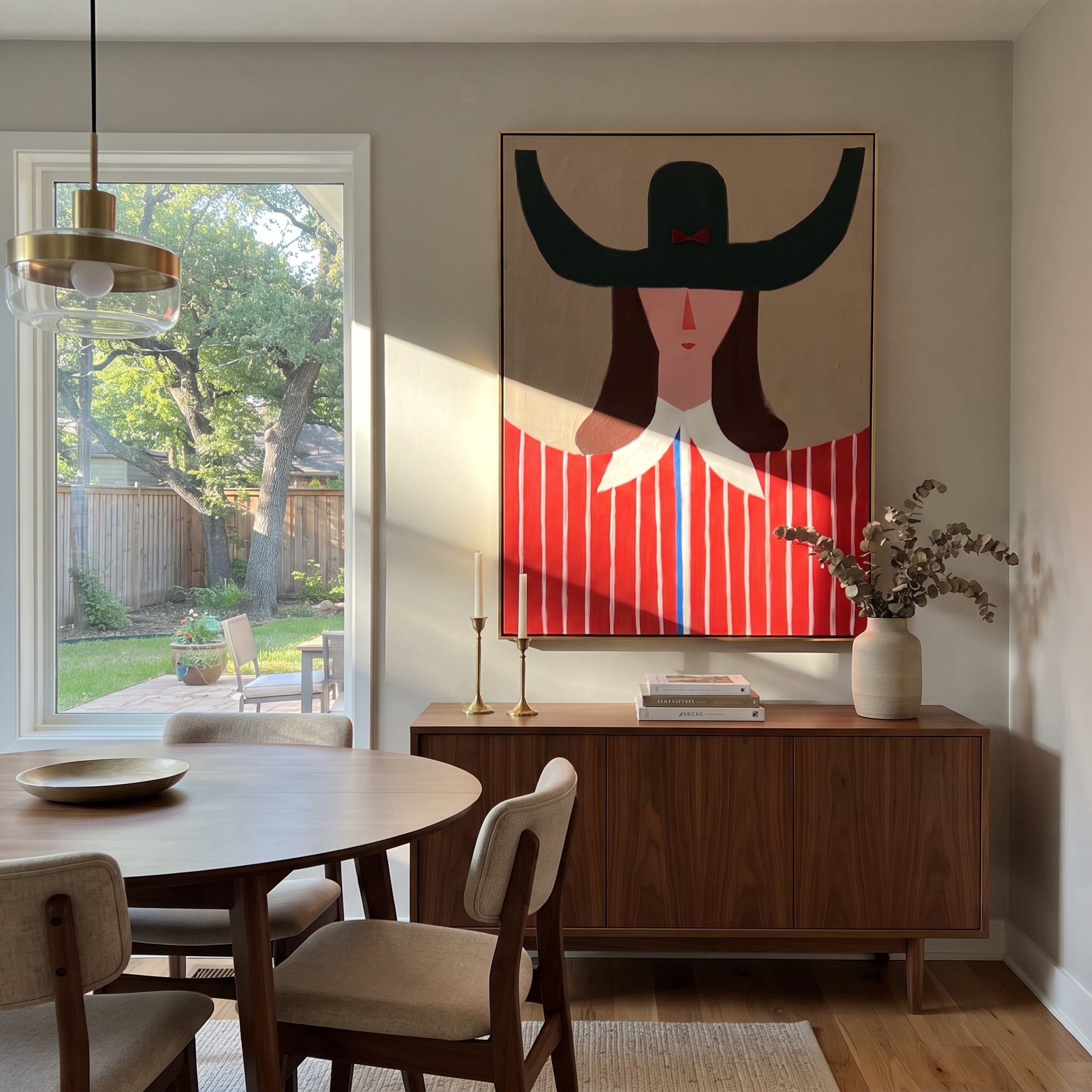 Green Horns Crown Scarlet - red striped woman painting by Elliot Vale, modern figurative vertical wall art - styled room scene view 2