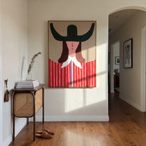 Green Horns Crown Scarlet - red striped woman painting by Elliot Vale, modern figurative vertical wall art - styled room scene view 3