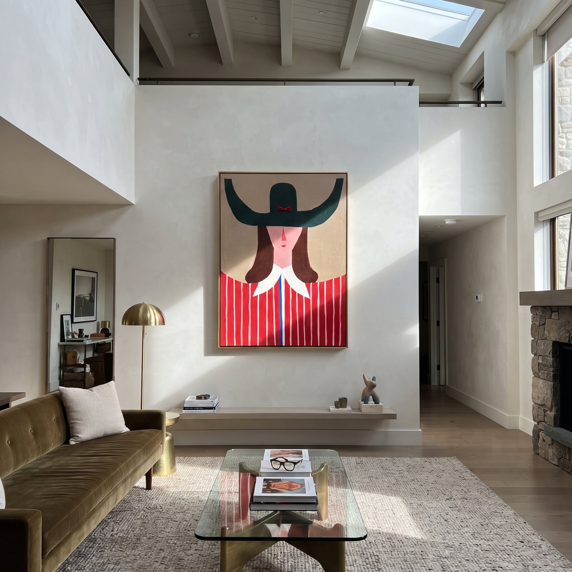 Green Horns Crown Scarlet - red striped woman painting by Elliot Vale, modern figurative vertical wall art - styled room scene view 4