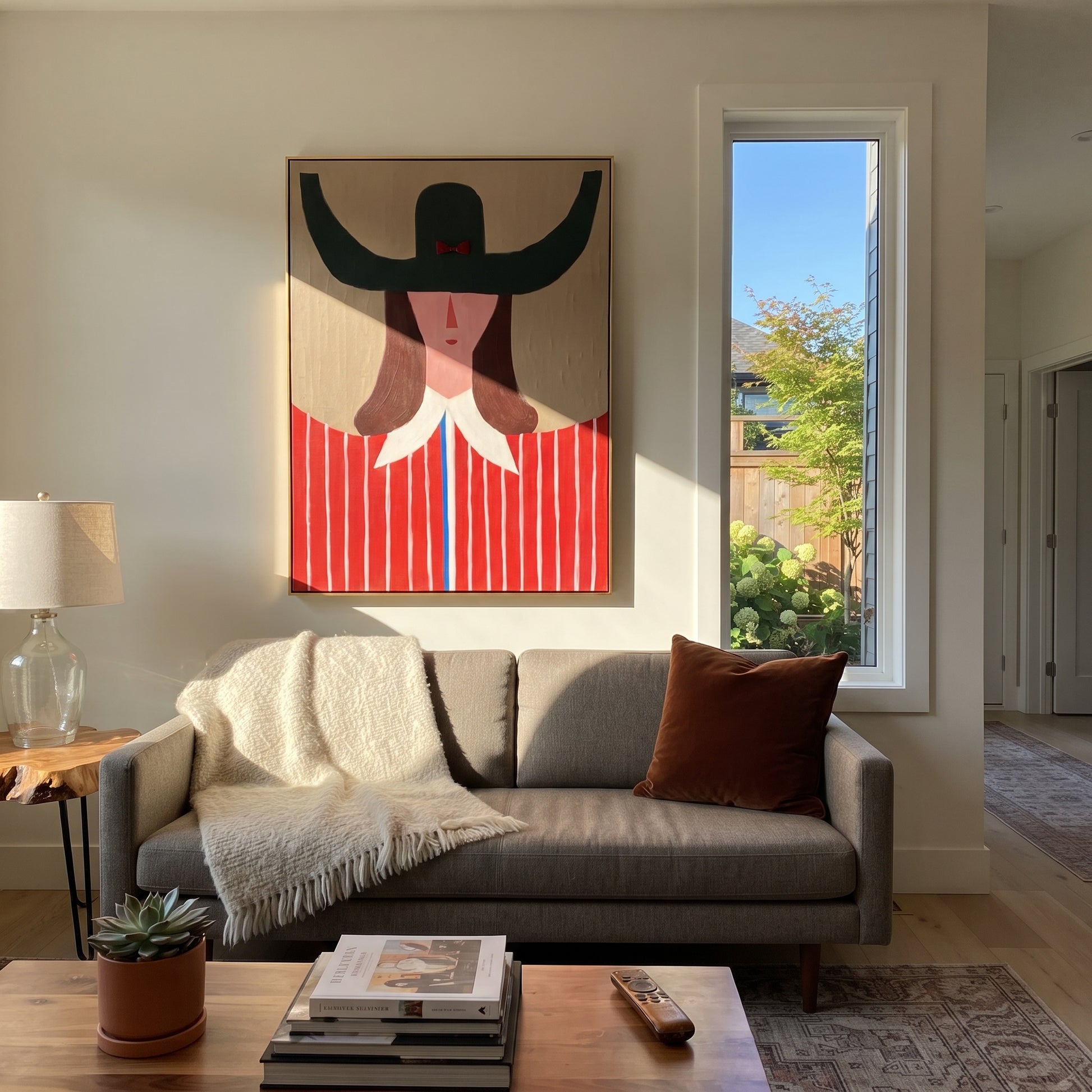 Green Horns Crown Scarlet - red striped woman painting by Elliot Vale, modern figurative vertical wall art - styled room scene view 5
