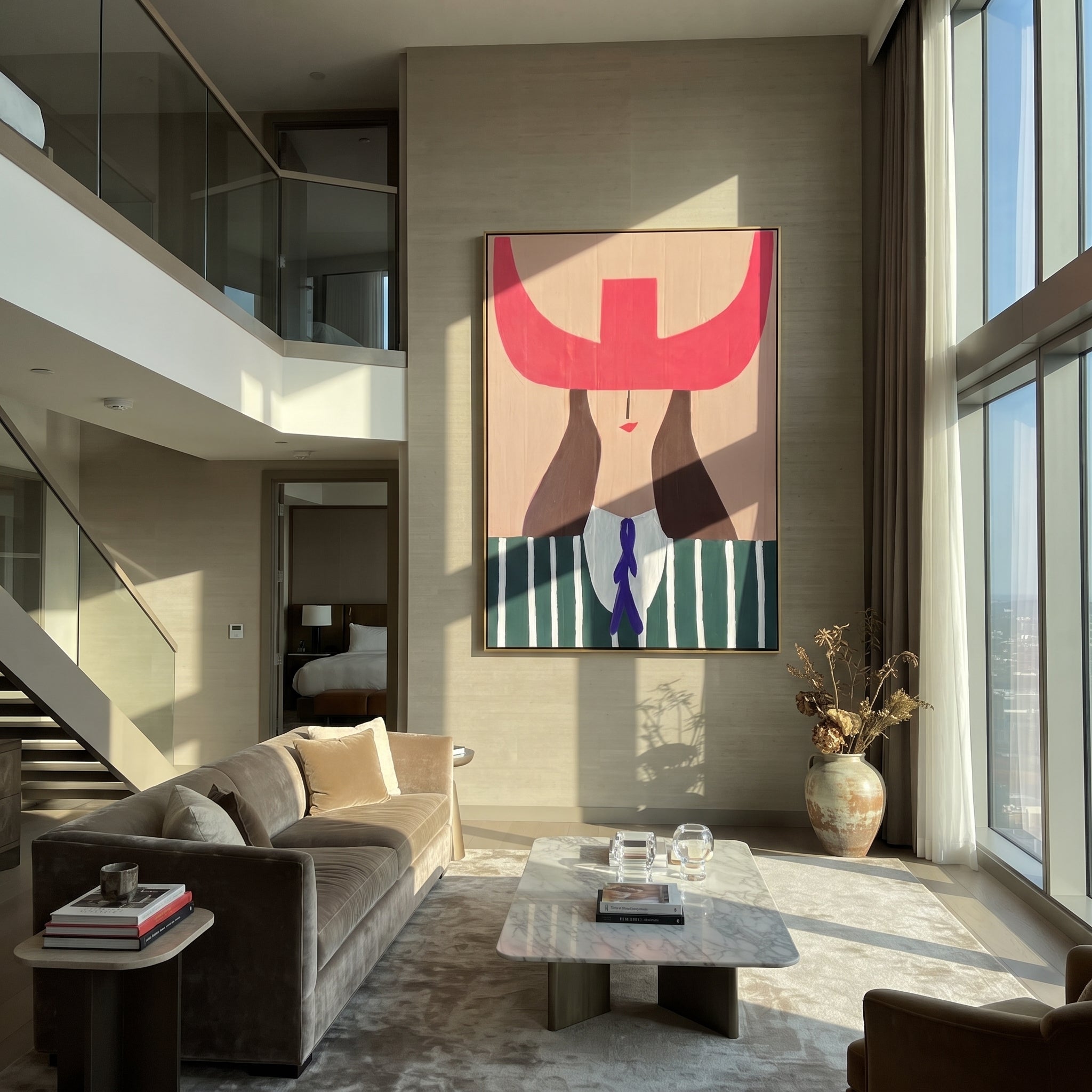 Fuchsia Horns Cross Forest - green striped woman painting by Elliot Vale, modern figurative vertical wall art - styled room scene view 1