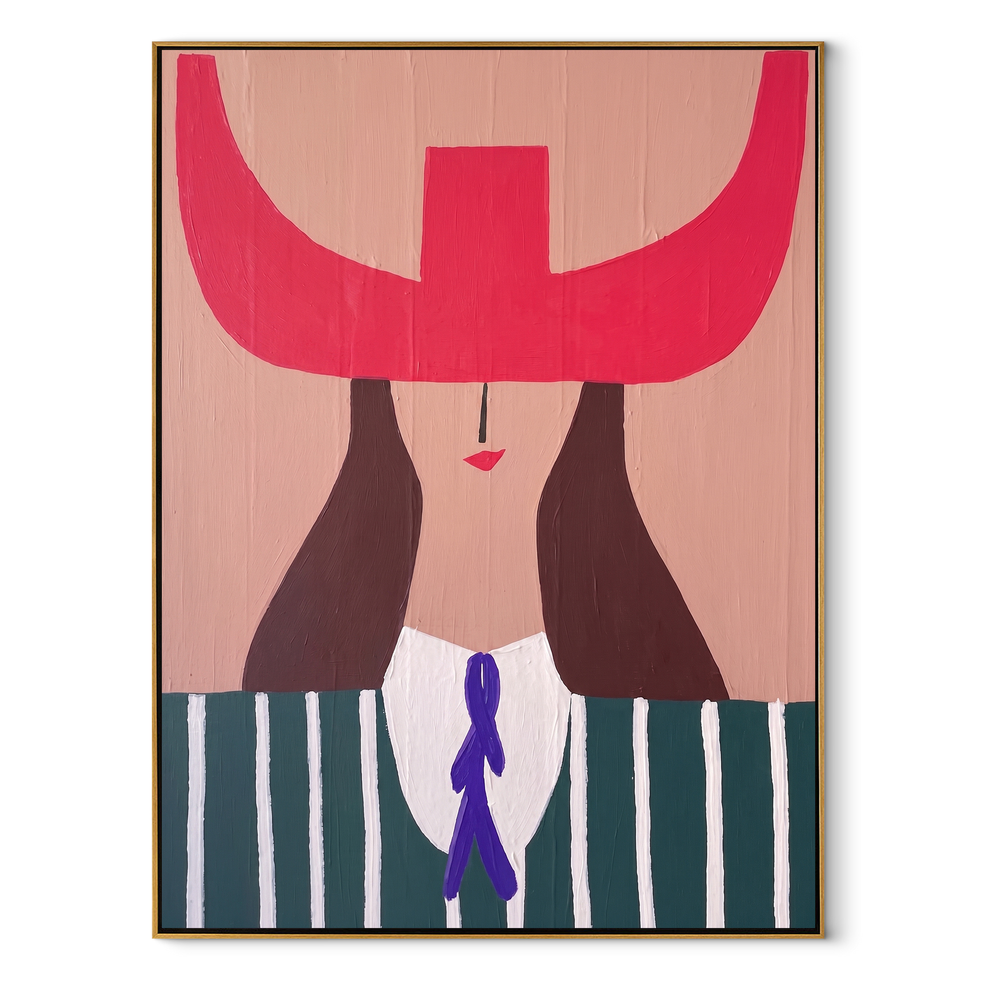 Fuchsia Horns Cross Forest - green striped woman painting by Elliot Vale, modern figurative vertical wall art - framed artwork on white background