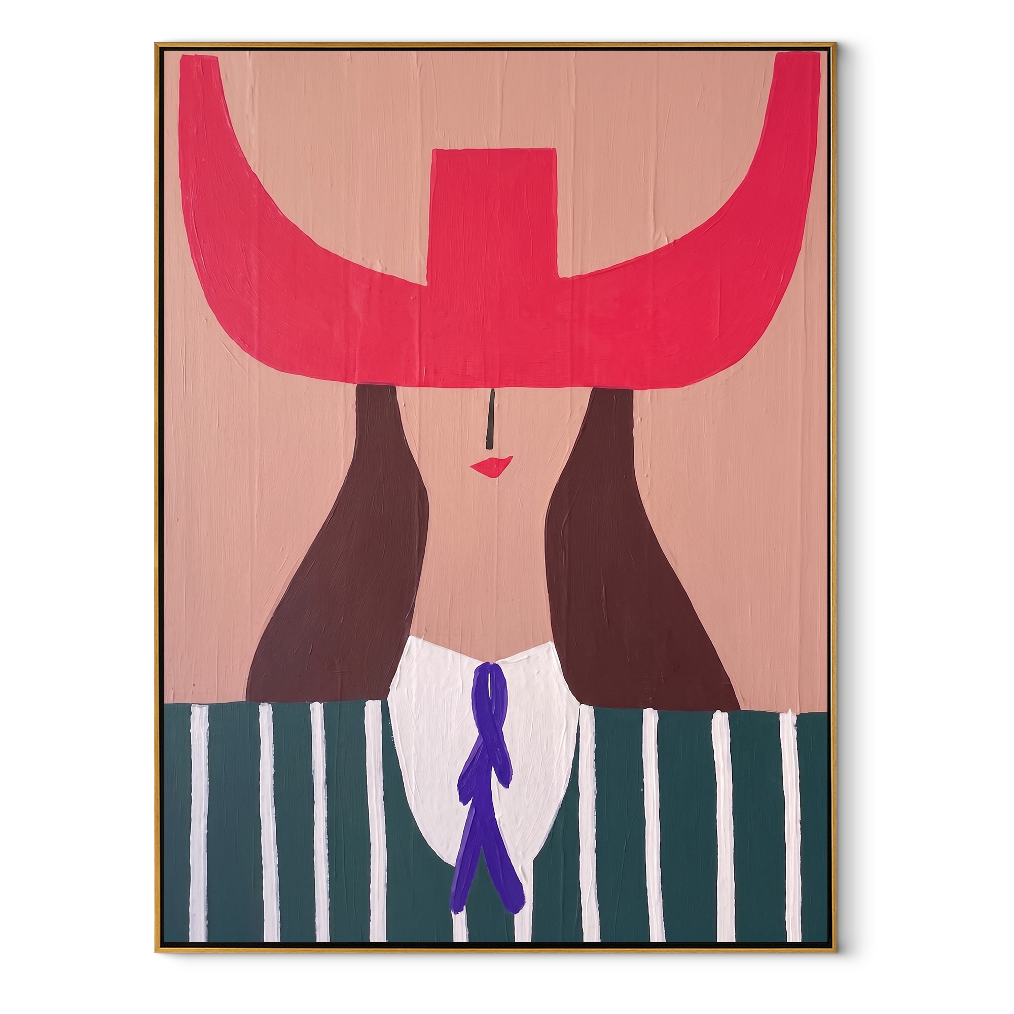 Fuchsia Horns Cross Forest - green striped woman painting by Elliot Vale, modern figurative vertical wall art - framed artwork on white background