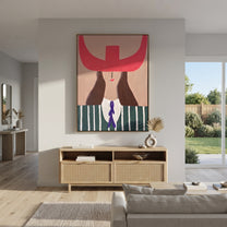Fuchsia Horns Cross Forest - green striped woman painting by Elliot Vale, modern figurative vertical wall art - styled room scene view 2