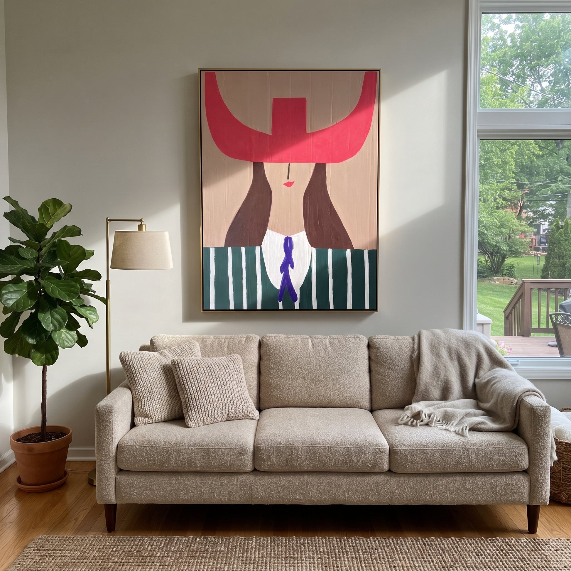 Fuchsia Horns Cross Forest - green striped woman painting by Elliot Vale, modern figurative vertical wall art - styled room scene view 3
