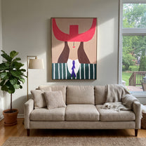 Fuchsia Horns Cross Forest - green striped woman painting by Elliot Vale, modern figurative vertical wall art - styled room scene view 3