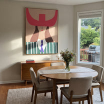Fuchsia Horns Cross Forest - green striped woman painting by Elliot Vale, modern figurative vertical wall art - styled room scene view 4