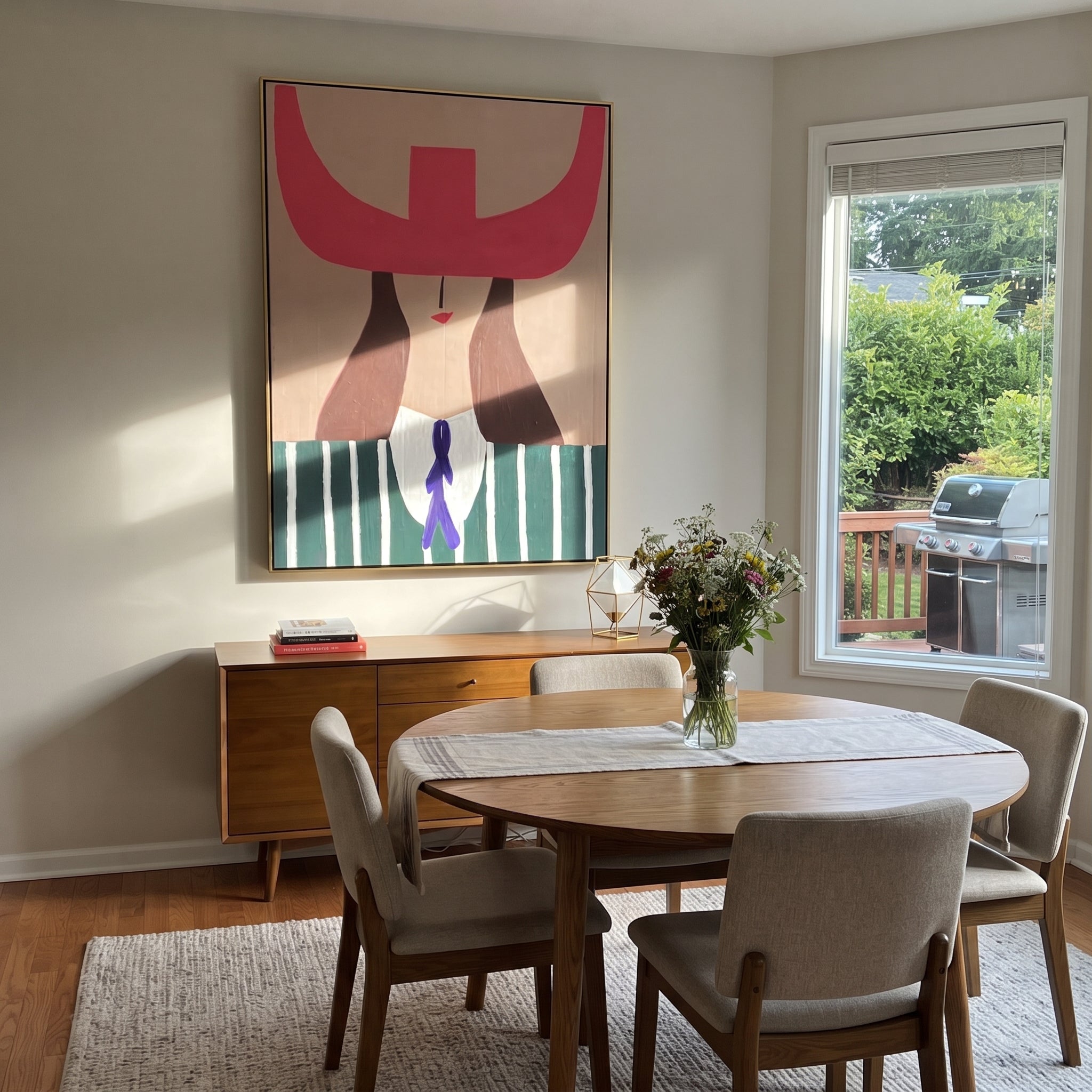 Fuchsia Horns Cross Forest - green striped woman painting by Elliot Vale, modern figurative vertical wall art - styled room scene view 4