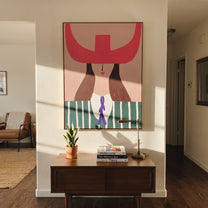Fuchsia Horns Cross Forest - green striped woman painting by Elliot Vale, modern figurative vertical wall art - styled room scene view 5