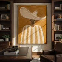 Ivory Wave Shelters Sand - neutral striped hat figure painting by Elliot Vale, modern figurative vertical wall art - styled room scene view 1