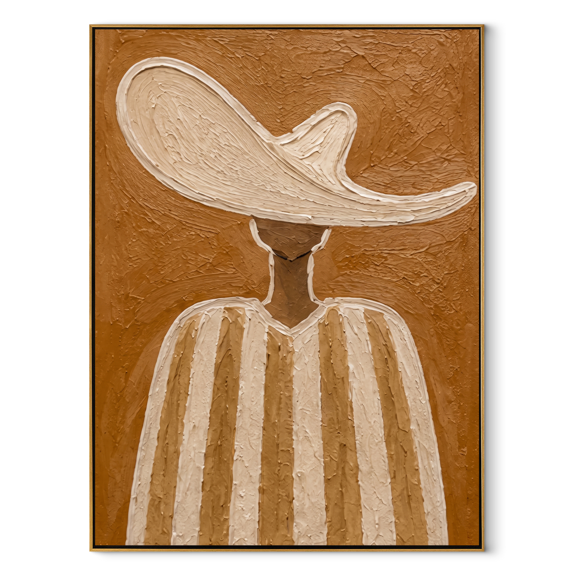 Ivory Wave Shelters Sand - neutral striped hat figure painting by Elliot Vale, modern figurative vertical wall art - framed artwork on white background