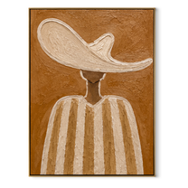 Ivory Wave Shelters Sand - neutral striped hat figure painting by Elliot Vale, modern figurative vertical wall art - framed artwork on white background