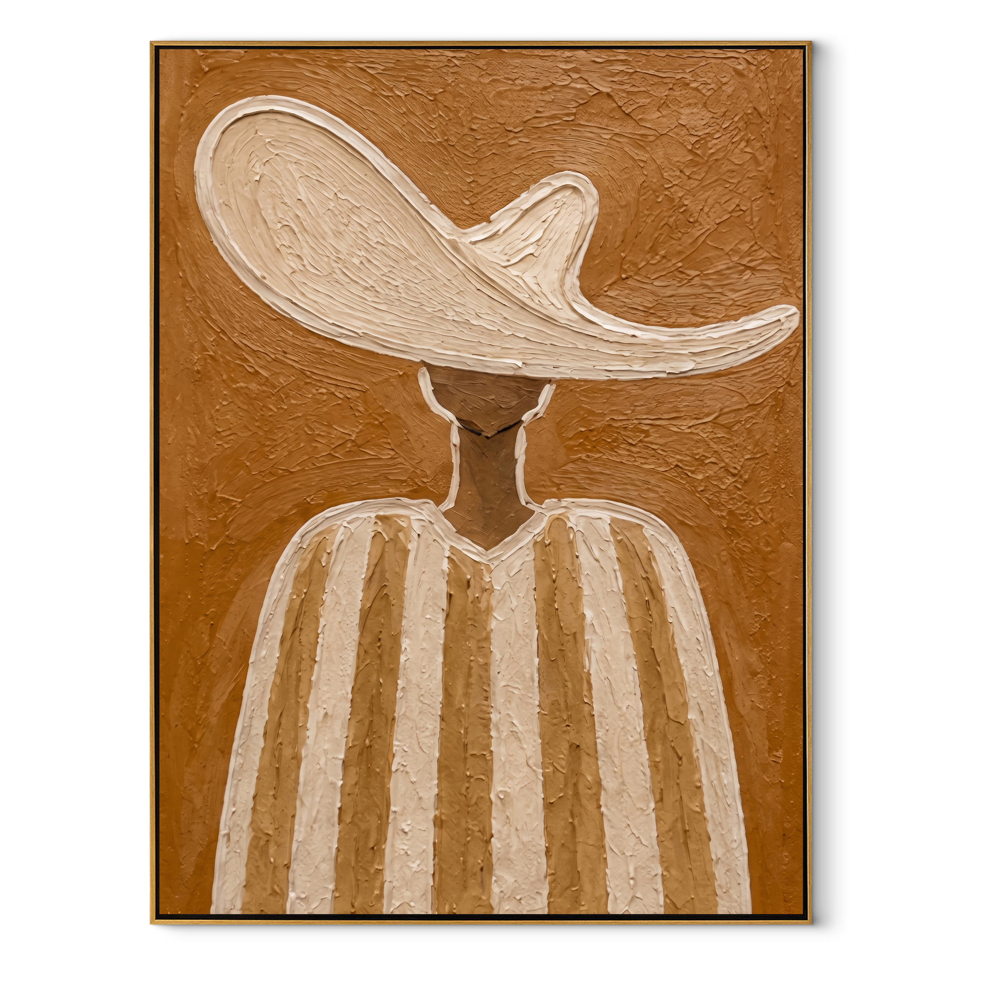 Ivory Wave Shelters Sand - neutral striped hat figure painting by Elliot Vale, modern figurative vertical wall art - framed artwork on white background