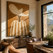 Ivory Wave Shelters Sand - neutral striped hat figure painting by Elliot Vale, modern figurative vertical wall art - styled room scene view 2