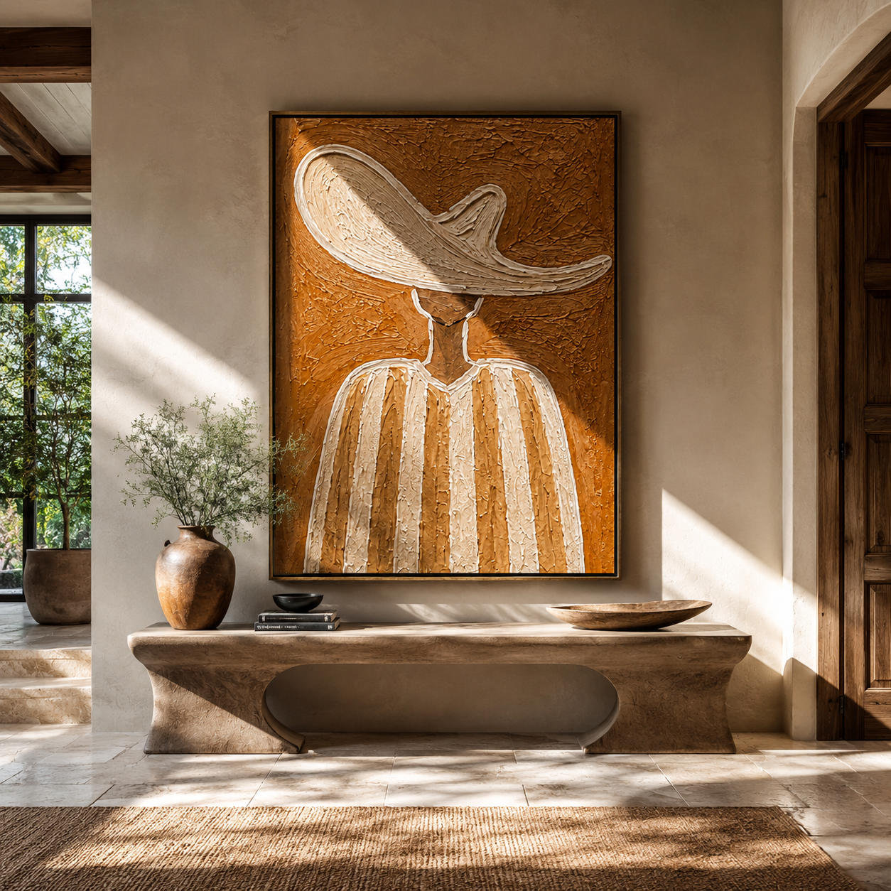 Ivory Wave Shelters Sand - neutral striped hat figure painting by Elliot Vale, modern figurative vertical wall art - styled room scene view 3