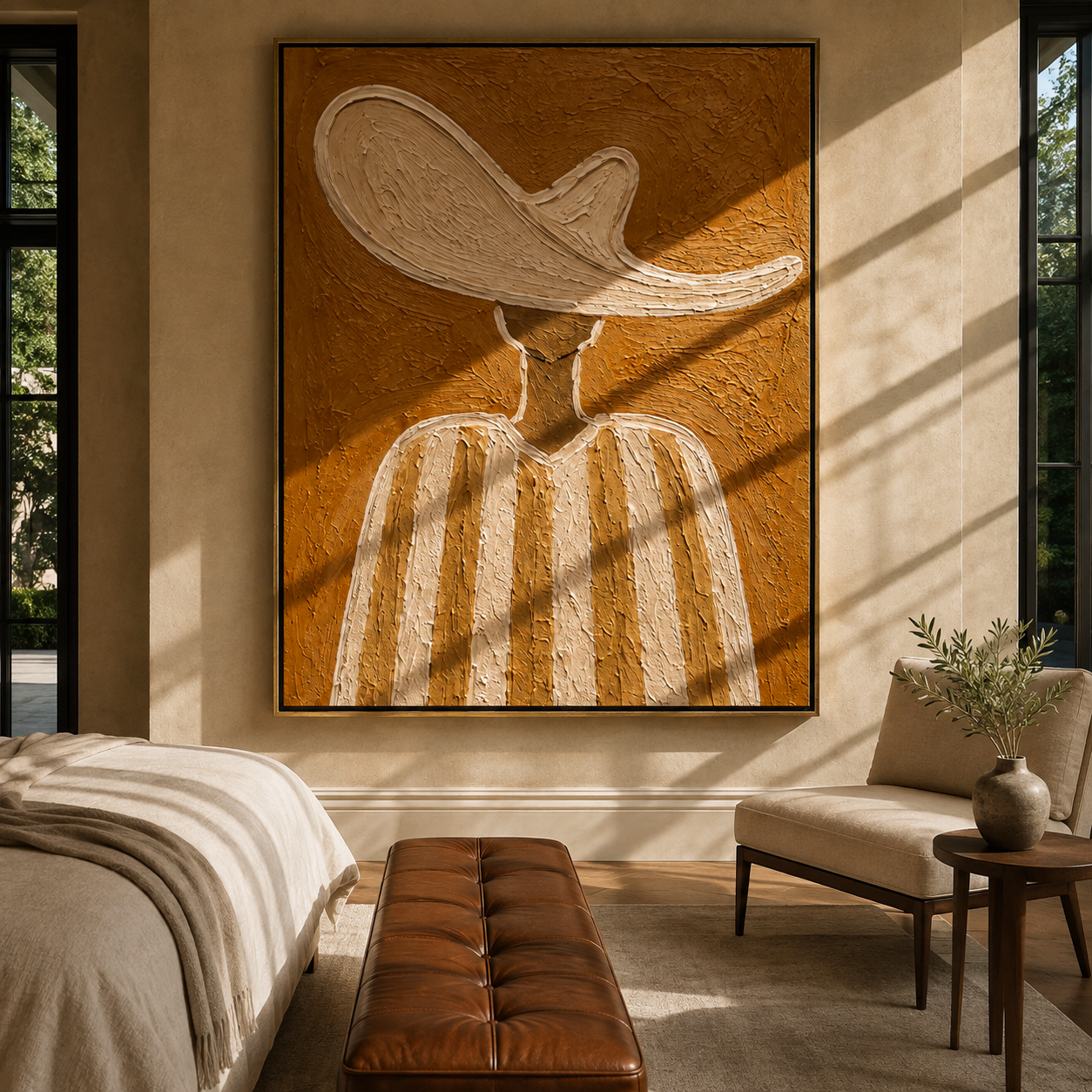 Ivory Wave Shelters Sand - neutral striped hat figure painting by Elliot Vale, modern figurative vertical wall art - styled room scene view 4