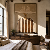 Twin Peaks Shade Umber - brown striped hat figure painting by Elliot Vale, modern figurative vertical wall art - styled room scene view 1