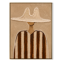 Twin Peaks Shade Umber - brown striped hat figure painting by Elliot Vale, modern figurative vertical wall art - framed artwork on white background