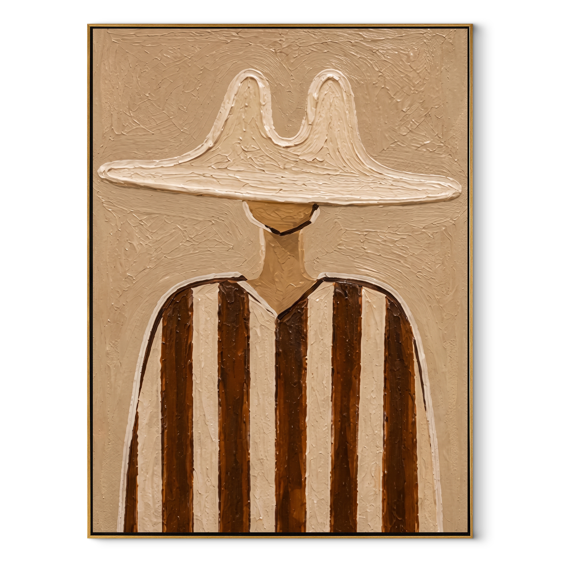 Twin Peaks Shade Umber - brown striped hat figure painting by Elliot Vale, modern figurative vertical wall art - framed artwork on white background