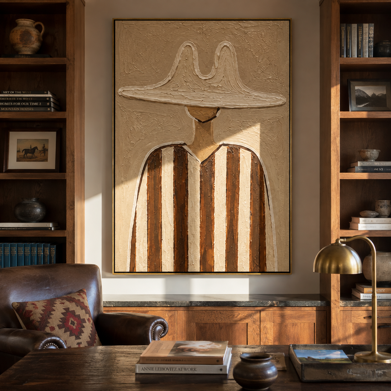 Twin Peaks Shade Umber - brown striped hat figure painting by Elliot Vale, modern figurative vertical wall art - styled room scene view 2