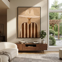Twin Peaks Shade Umber - brown striped hat figure painting by Elliot Vale, modern figurative vertical wall art - styled room scene view 4