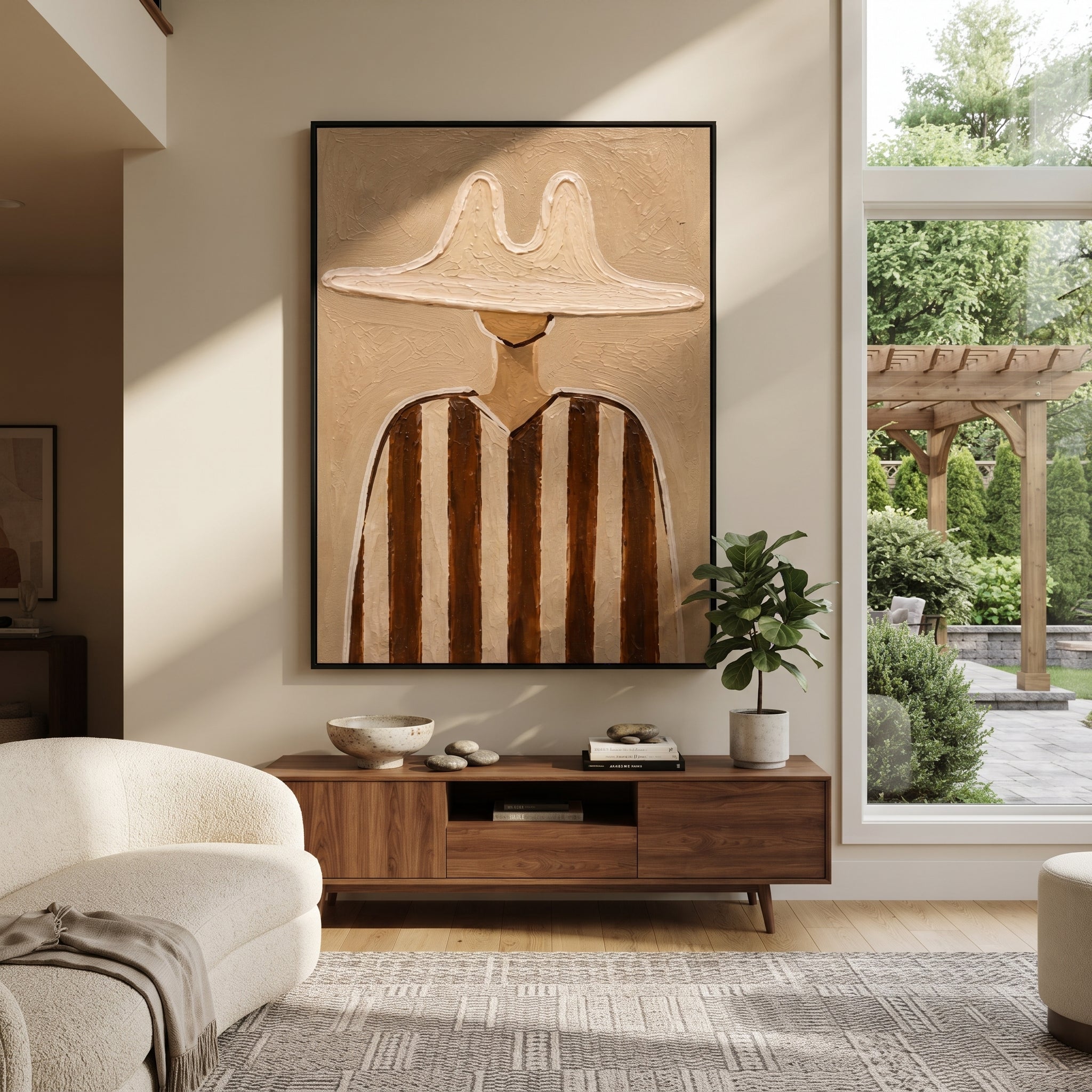 Twin Peaks Shade Umber - brown striped hat figure painting by Elliot Vale, modern figurative vertical wall art - styled room scene view 4