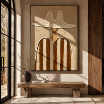 Twin Peaks Shade Umber - brown striped hat figure painting by Elliot Vale, modern figurative vertical wall art - styled room scene view 5