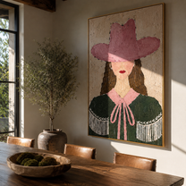 Rose Hat Guards Curls - green cape cowgirl painting by Elliot Vale, modern figurative vertical wall art - styled room scene view 1