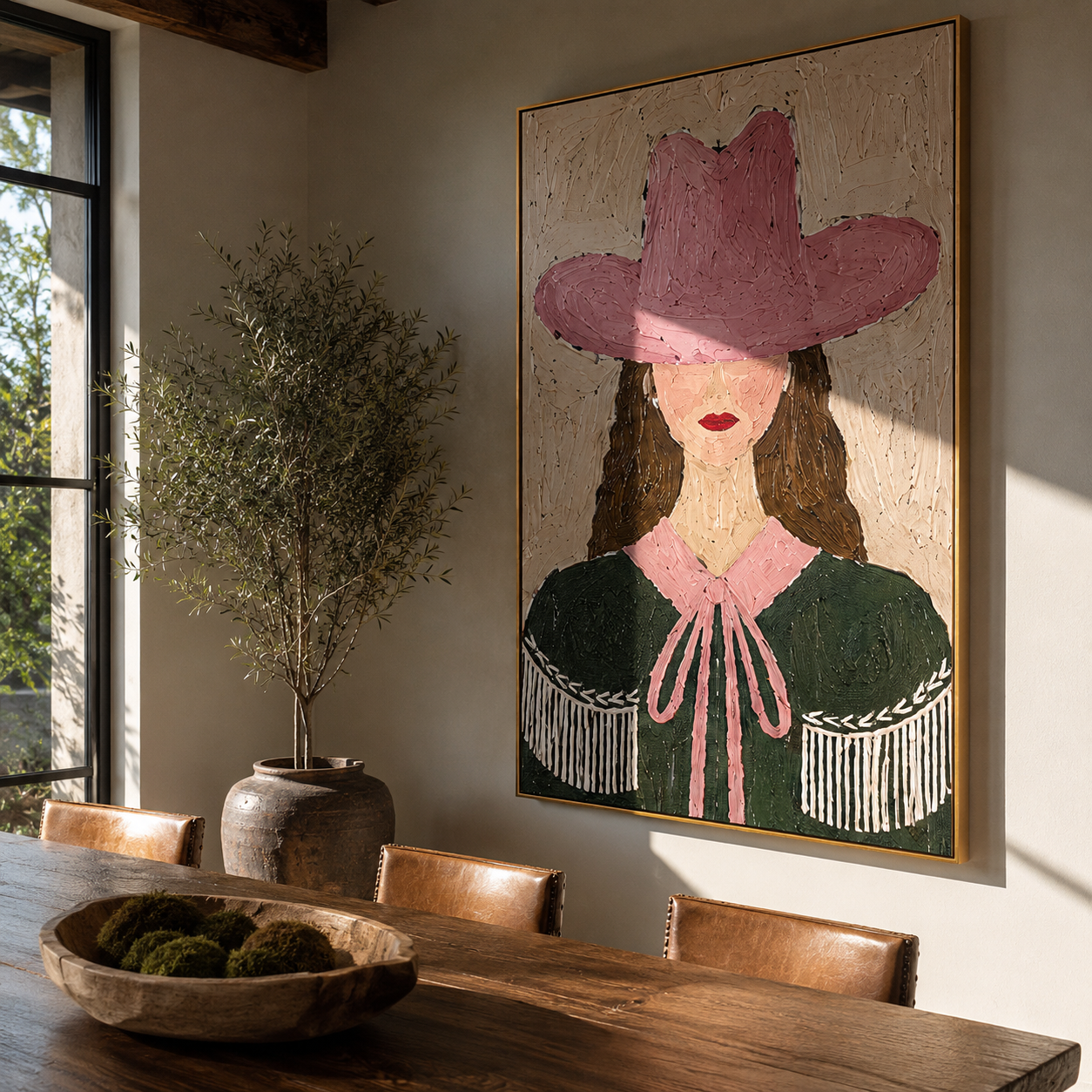 Rose Hat Guards Curls - green cape cowgirl painting by Elliot Vale, modern figurative vertical wall art - styled room scene view 1
