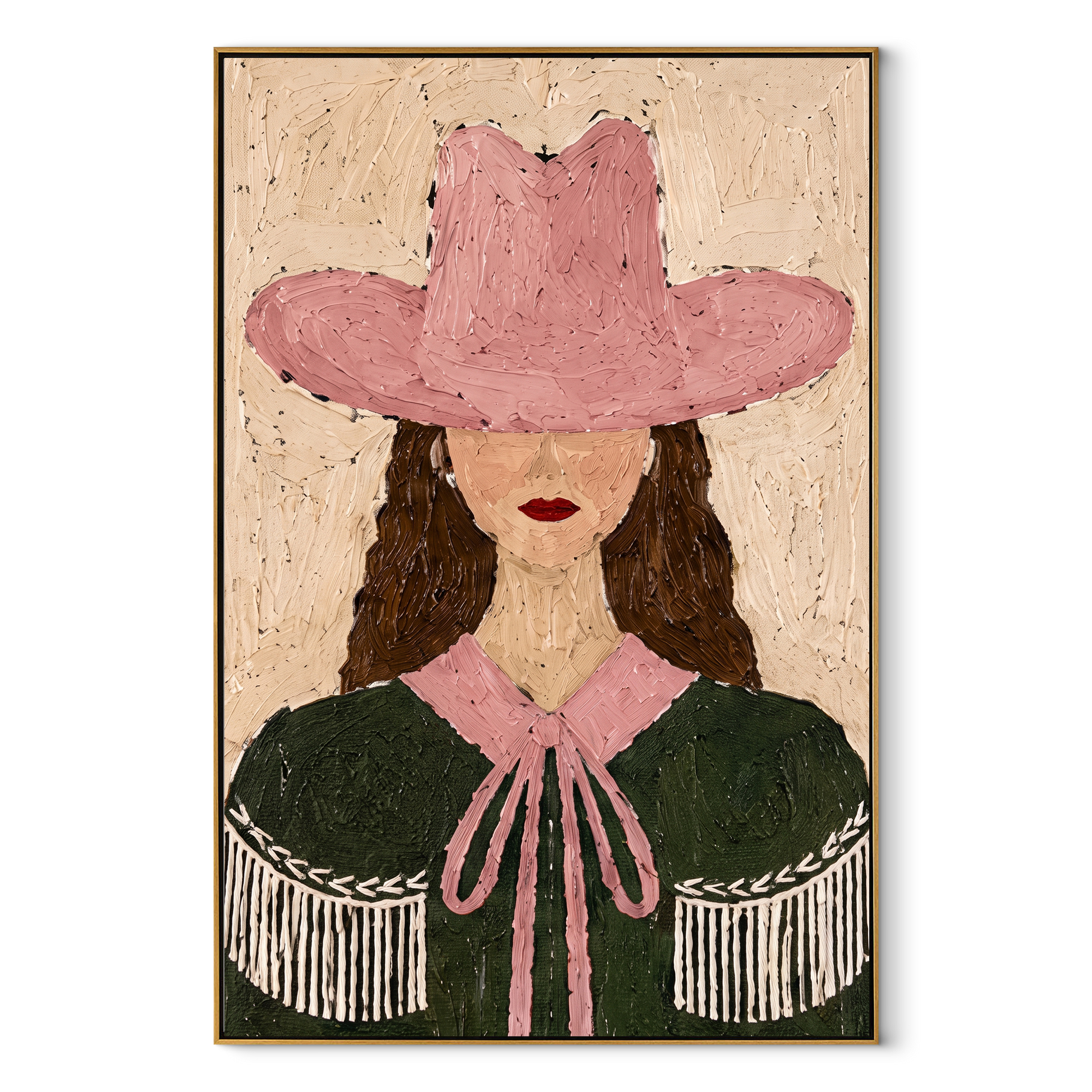Rose Hat Guards Curls - green cape cowgirl painting by Elliot Vale, modern figurative vertical wall art - framed artwork on white background