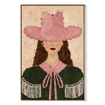 Rose Hat Guards Curls - green cape cowgirl painting by Elliot Vale, modern figurative vertical wall art - framed artwork on white background